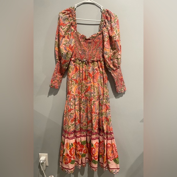 FARM RIO ANTHROPOLOGIE PINK MACAW FLIGHT SMOCKED MIDI DRESS - Picture 8 of 16